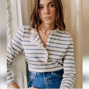 Sezane Gael Mariniere Ecru/Sage Organic cotton  Striped Button Down Shirt